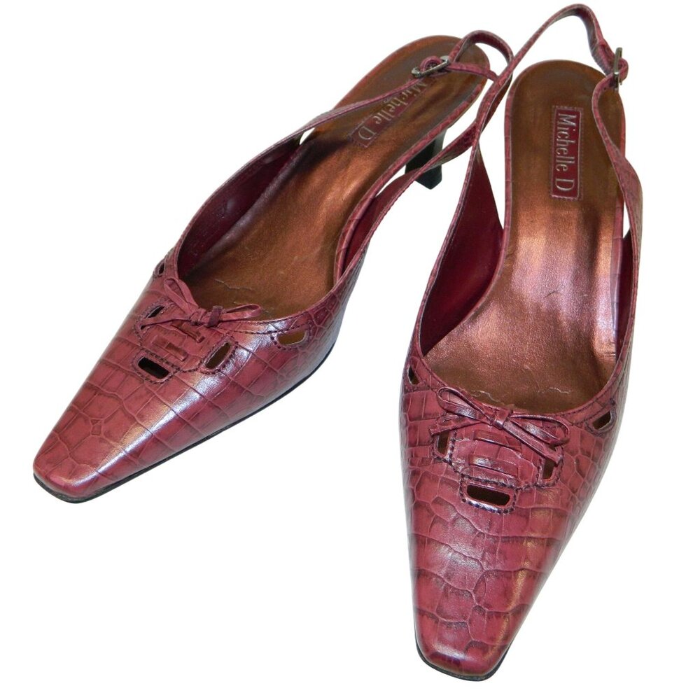 Michelle D Womens Leather Slingback Heels Size 8 Red Croc Pointed Toe Camille
